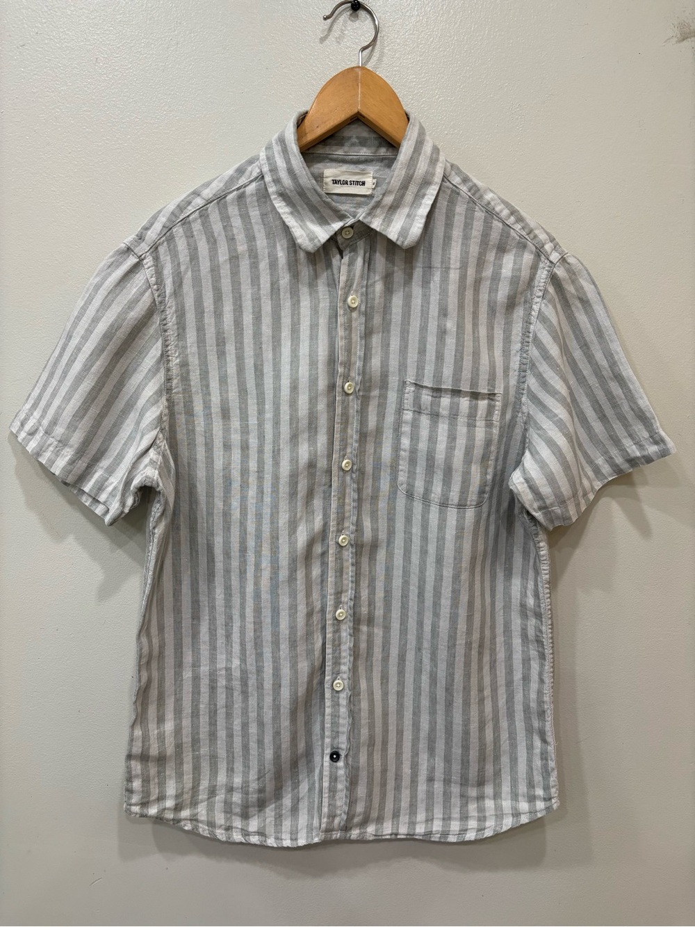 Taylor Stitch Linen Striped Short Sleeve Button-Front Shirt Menns Size 40